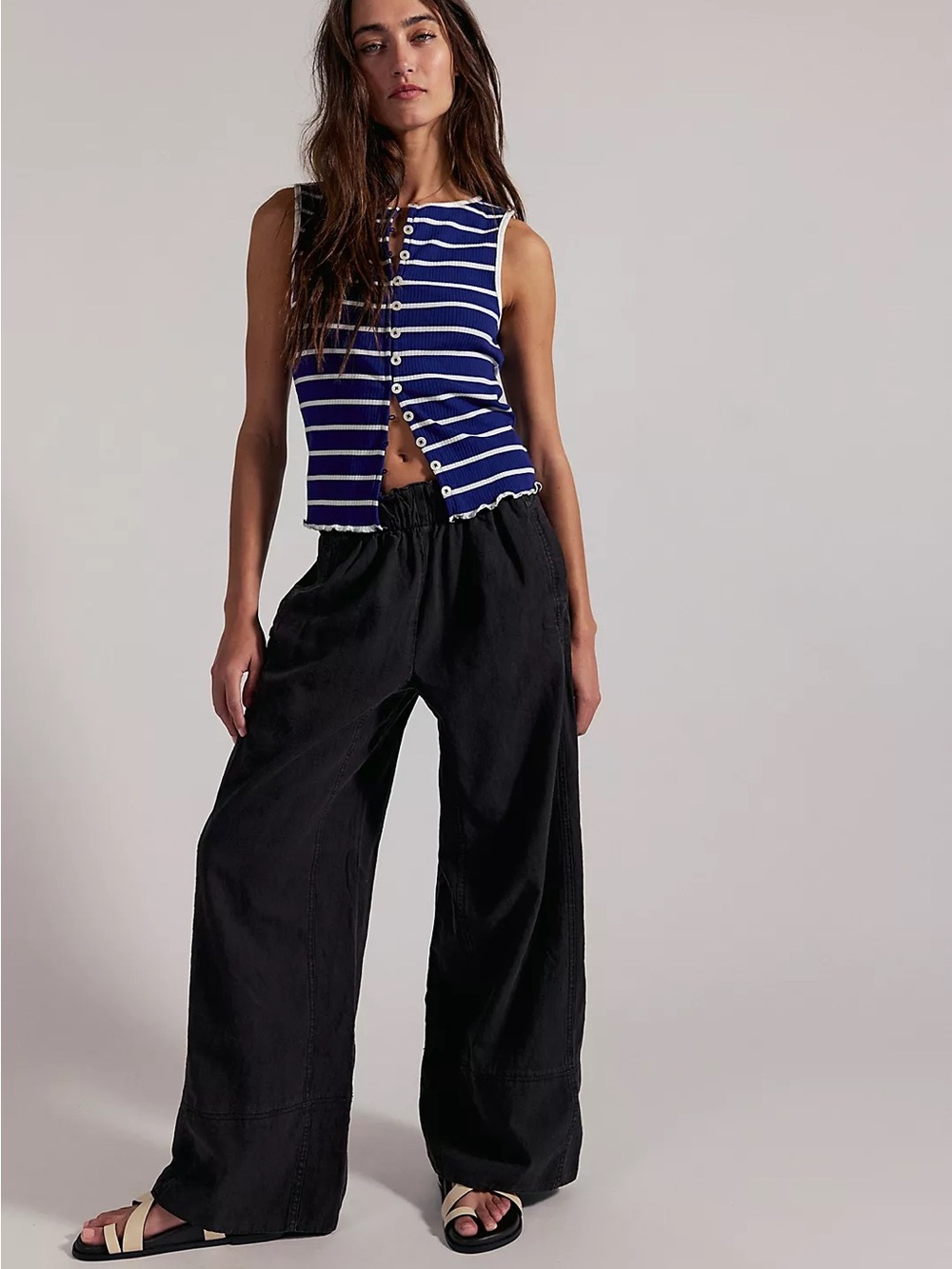 Free People Day’s End Linen Blend Wide Leg Pull On Pants Charcoal L NWOT